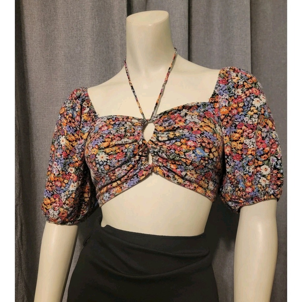 Whimsical Floral Boho Hippie puff sleeve Strappy Wild Fable crop top XS smocked‎
